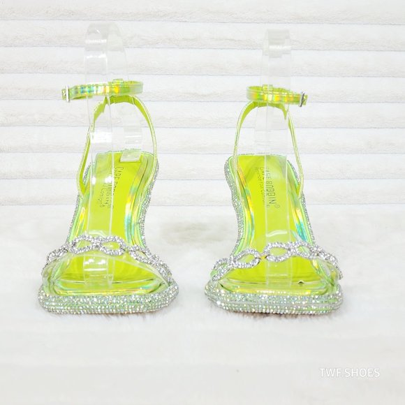 Mini .5" Rhinestone Platform Lime Green Hologram Upper Wrap Strap Heels Baily - Picture 4 of 17